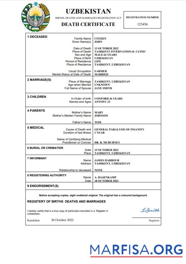 Printable Uzbekistan vital record death certificate Word and PDF template